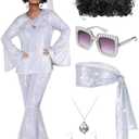 Jexine 70s Women Disco Outfit Costume Disco Party Top Pants Sunglasses Ball Necklace Earring Wig for Halloween New Year Eve, XL