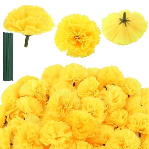 Ranjaner 50 Pcs Artificial Marigold Flowers, Silk Marigolds Bulk with Stems, Silk Flowers for Day of The Dead, Diwali, Dia De Los Muertos(Color:Yellow)
