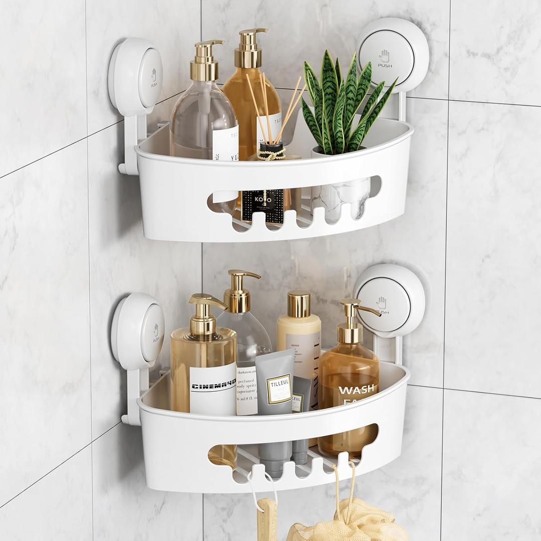 LEVERLOC Corner Shower Caddy Suction Cup, shower shelves suction cup, 2 Pack Basket Powerful Bathroom, Waterproof & Oil-proof Organizer for Kitchen, No-Drilling Removable