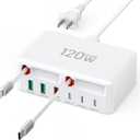 Upgraded 8-in-1 Retractable USB C Charger Block, 120W GaN Multi Charging Station Hub with Lightening & Type C Cable, Travel Essential USB C Power Strip Plug for iPhone 17 16 15 14 Pro Max iPad Galaxy (White)