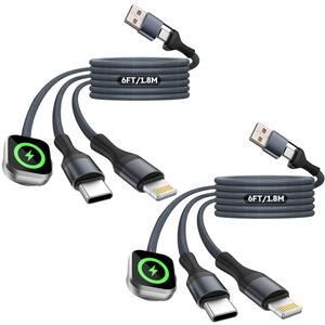 Travel Essentials 3in2 Multi Charging Cable for iPhone Watch Charger,USB A/C to Type C/IP/iWatch charger, Charging Cords for Multiple Devices Compatible with iWatch Series&iPhone 17-12 (2Pack,6FT)