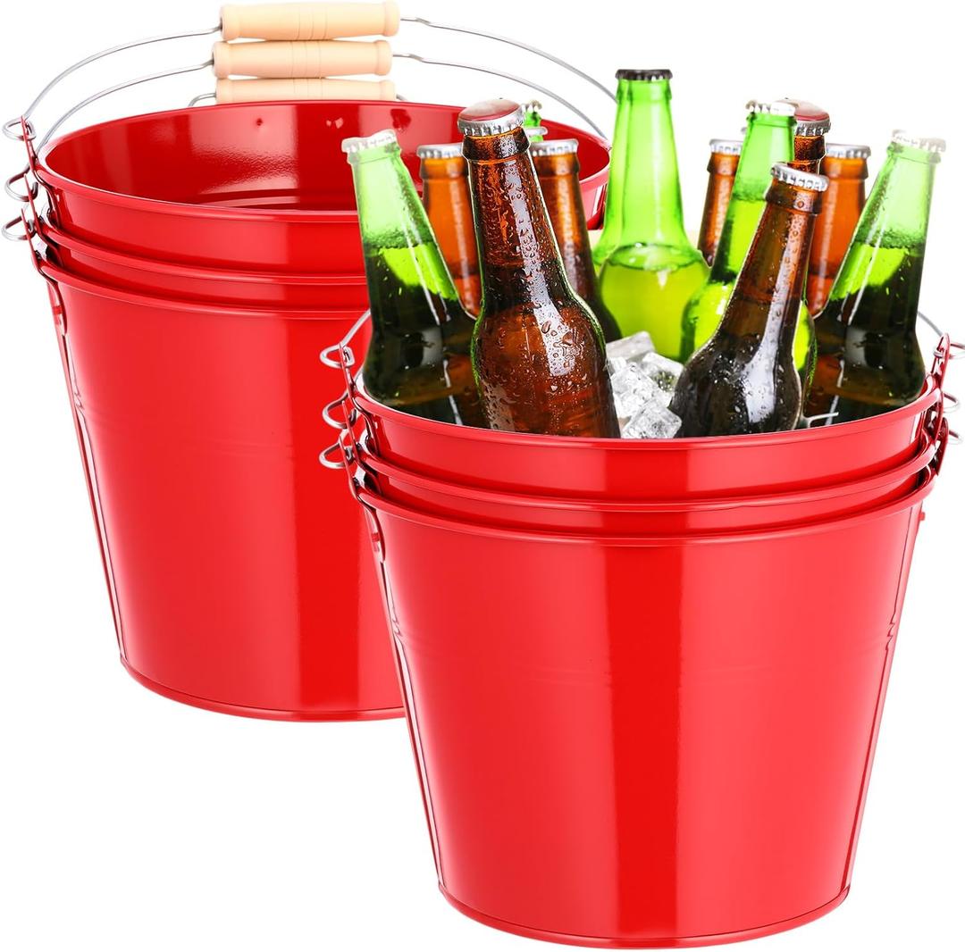 Zopeal 6 Pcs Large Metal Bucket Beer Bucket Galvanized Steel Pail with Handle for Gifts Basket Ice Candy Party(9 x 7 x 7 Inch,Red)
