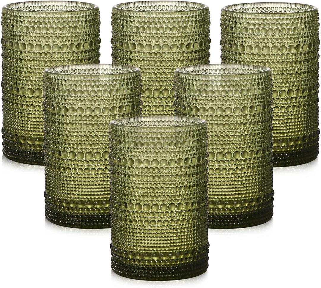 ZMOWIPDL Vintage Glassware Drinking Glasses Set of 6,15 oz Hobnail Glass Cups,Embossed Green Water Tumbler,for Beer,Cocktail,Whiskey,Juice and Various Mixed Drinks- 1 Cleaning Brush