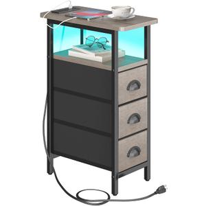 sthmec End Table with Charging Station,LED Side Tables with USB Ports and Outlets,Skinny Bedside Tables with 3 Drawers,Small Tabls Nightstands for Small Space,Slim Sofa Table for Livingroom, Grey, 7.88'' W*15.75'' D*24.3'' H