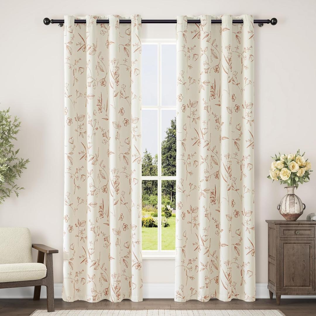 ChrisDowa Beige 100% Blackout Floral Curtains 84 Inches Long 2 Panels for Bedroom Living Room Brown Flower Patterned Room Darkening Thermal Insulated Soundproof Grommet Window Treatments Drapes,52X84