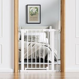 BABELIO Baby Gate for Doorways and Stairs, 26-31" Pet Gate with Wide Walk Thru Door and Lock Indicator, No Drill Pressure Mounted Safety Gate with Double Lock and Self-Closing, White