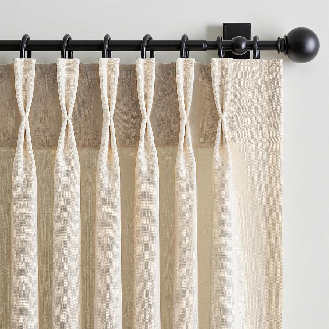 Beige 96 Inch Length Pinch Pleat Linen Curtains Drapes 2 Panels Set,Hooks Sense of Design Semi Sheer Elegance Window Curtains Living Room Bedroom,Half Price Drapes 96 inches Long Set of 2