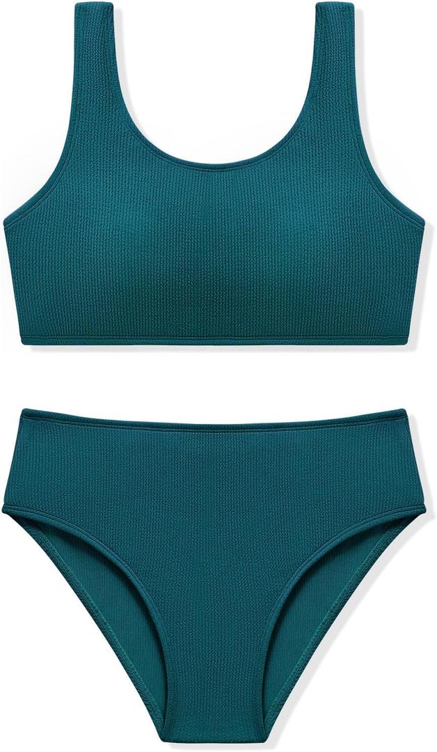 URMAGIC Girls Two Piece Swimsuits Ribbed Bikini Sets Swimming Bathing Suit Beach Sport Athletic Teen Girls Swimwear (13-14 Years, Dark Green)