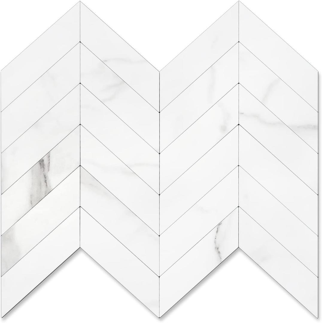 STICKGOO 1-Sheet Herringbone Tile Peel and Stick Backsplash, White Marble PVC Stick on Backsplash, Self Adhesive Wall Tile for Kitchen