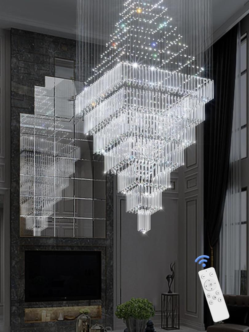 Flashing God D59''X H120'' Extra Large Chandeliers for High Ceilings Crystal Raindrop Chandeliers Large Villa Chandelier Entrance Foyer Crystal High Ceiling Light LED Dimmable 2700K-6000K Quadrate (Silver)