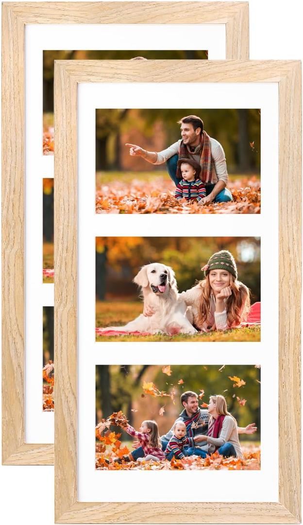 KINLINK 7x14 Picture Frames Natural, Solid Wood 3 Opening Collage Frames with Acrylic Plexiglass for Multiple Three 4x6 Photos with Mat or 7x14 without Mat, Wall Display Photo Frames, Set of 2