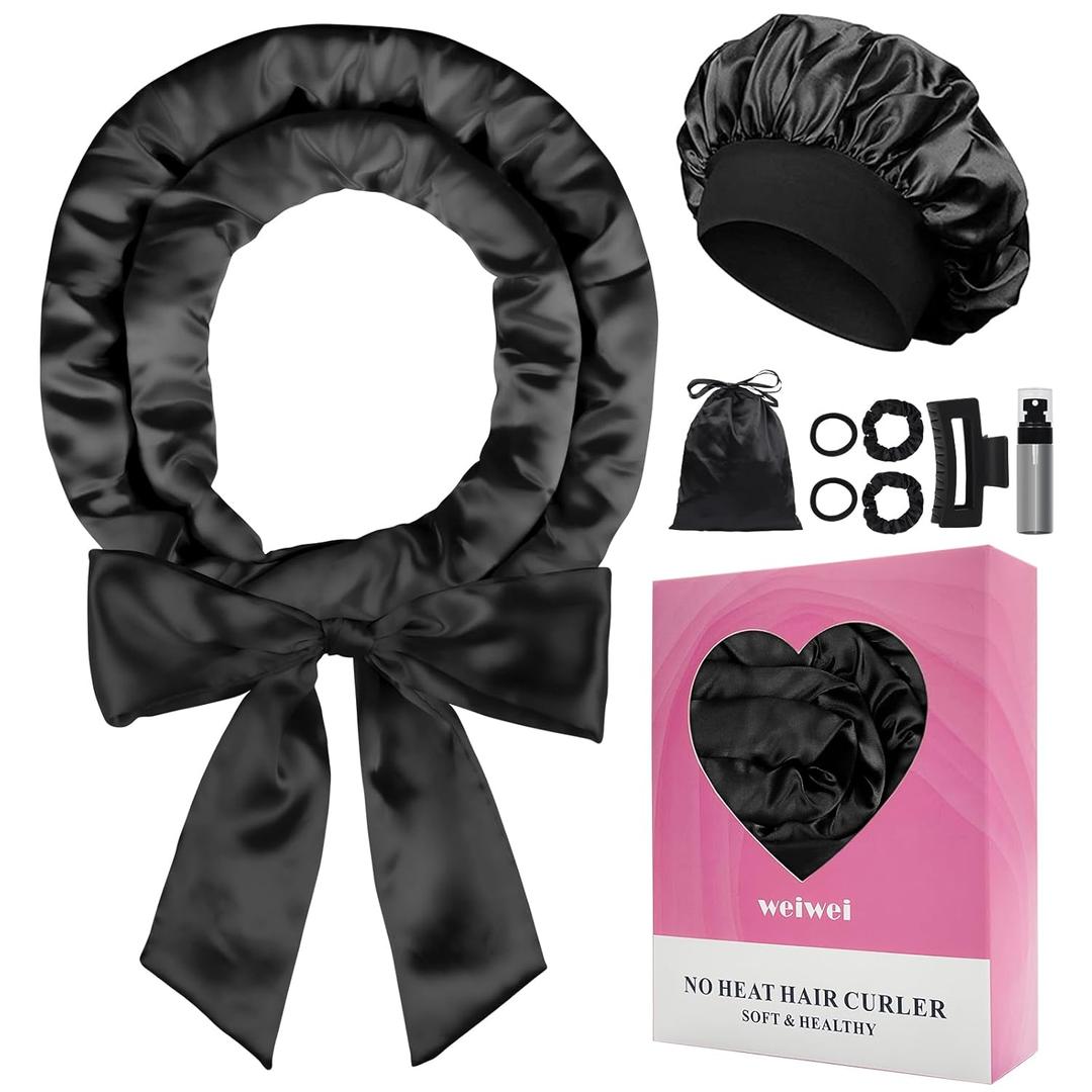 weiwei Satin Heatless Curlers Hair Curler, No Heat Curls Overnight Hair Curlers to Sleep In Overnight Curls Headband, 70" Hair Curlers No Heat, 9 Pcs Satin Heatless Curling Set for Women Long Hair (Black)