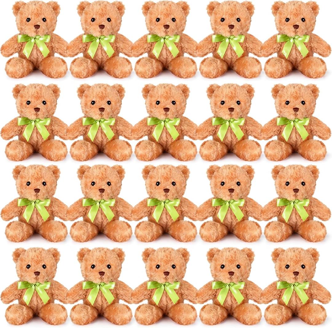 Hungdao 24 Pcs Bear Bulk Plush Stuffed Animals 10 Inch Cute Soft Stuffed Bear with Green Bow for Valentine's Day Wedding Baby Shower Birthday Party Gift Christmas(Light Brown)