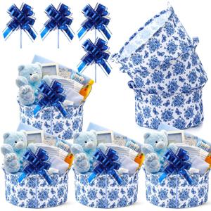 4 Pack Chinoiserie Gift Basket Blue and White Basket Empty with Gift Bag Ribbons Collapsible Decorative Storage Baskets Bin with Handles for Baby Shower Bachelorette Wedding