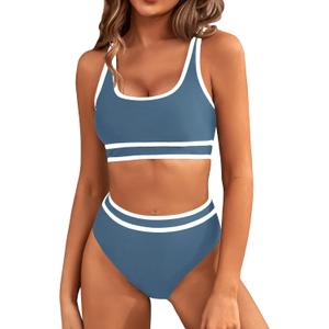 BMJL Women's High Waisted Bikini Sets Sporty Two Piece Swimsuits Color Block Cheeky High Cut Bathing Suits (Grey Blue011) S