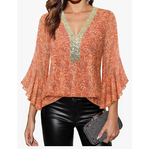 Timeson Women's Ruffle 3/4 Sleeve Sparkly Tops Sequin V Neck Blouses Dressy Fall Shirts, XX-Large, Orange