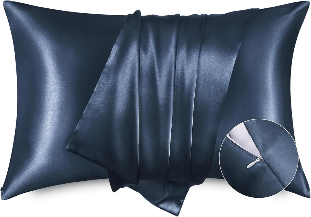 Bedsure Satin Pillowcase with Zipper, Similar to Silk Pillow Cases 2 Pack, Satin King Size Pillow Cases, Silky & Soft Pillow Covers for Hair and Skin, Gifts for Women Men, Blue, 20x36 Inches