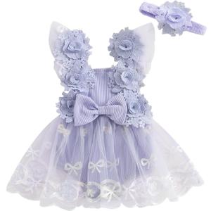 Aiwpstoin Infant Baby Girl Romper Dress Sleeveless Bow Flower Lace Tulle Dress Bodysuit Headband Newborn Summer Outfits (12-18 Months, Purple)