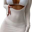 Lilosy Sexy Long Sleeve Mesh Sheer Beach Swim Cover Up Dress Bikini Women Drawstring Swimwear Swimsuit String Bathing Suit Set Fishnet, White, Small