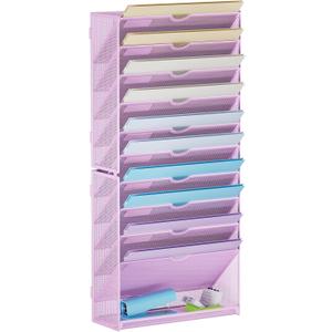 Marbrasse Wall File Holder 11-Tier Hanging Wall File Organizer, for Papers, Files Clipboard & Magazine Organizer, Wall Mount File Holder Great for Office Home (Purple)