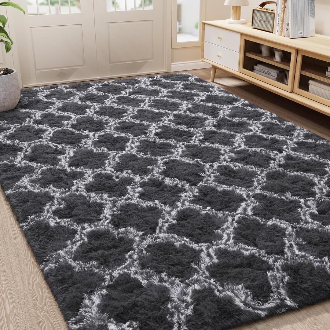 LOCHAS Luxury Shag Area Rug 8 x10 Feet Geometric Plush Fluffy Rugs, Extra Soft Carpet Moroccan Rugs for Bedroom Living Room Dorm Kids, High Pile Shaggy Floor Rug Decor, Dark Grey and White
