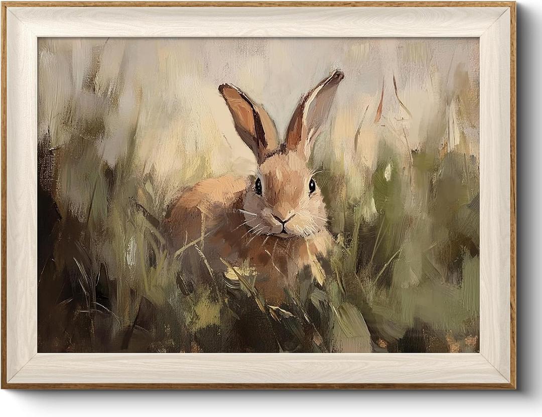 VIYYIEA Framed Wall Art for Living Room, Rabbit Canvas Prints Vintage Home Decor, Animals Painting Picture Bathroom Wall Decor, Easter Gifts for Friends or Family -Silly Bunny-(16L x 12W)