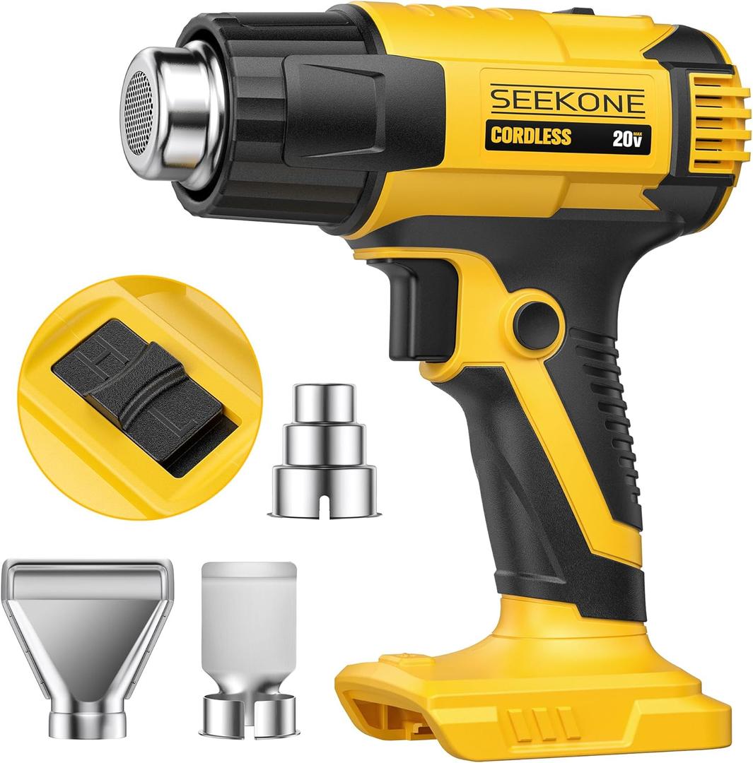 SEEKONE Cordless Heat Gun for Dewalt 20V Battery, Dual Temperature Settings 572 and 1022 Fast Heating Hot Air Gun with 3 Nozzles for Shrink Tubing, Vinyl Wrap, Crafting (Battery is Not Included)