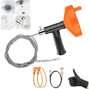 Drain Snake Auger 33 Feet, Plumbing Snake Drain Hair Clog Removal Tool, Heavy Duty Toilet Snake Auger, Sink Unclogger Drain Cleaner Tool for Bathroom Kitchen Tub Shower Drain Clog Remover with Gloves