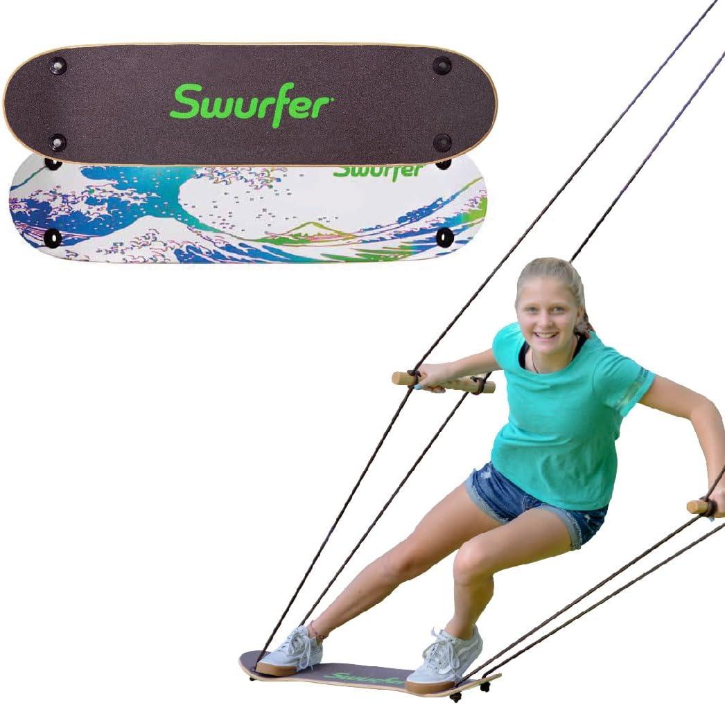 Swurfer TreeSkate Skateboard Swing, Outdoor Stand Up Surf Swing, Holds Up to 200 lbs, Ages 6 and Up, Adjustable Handles, Grip Tape, Kids Outdoor Play Equipment for Children and Adults (Waves) Blue