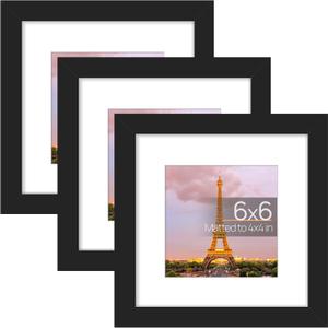 upsimples 6x6 Picture Frame Set of 3, Made of High Definition Glass for 4x4 with Mat or 6x6 Without Mat, Wall and Tabletop Display Photo Frames, Black