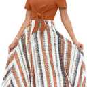 Women's Casual Summer Dress Crewneck Short Sleeve Tie Knot Front Flowy Midi Dress with Pockets for Party & Daily (Brown, L)