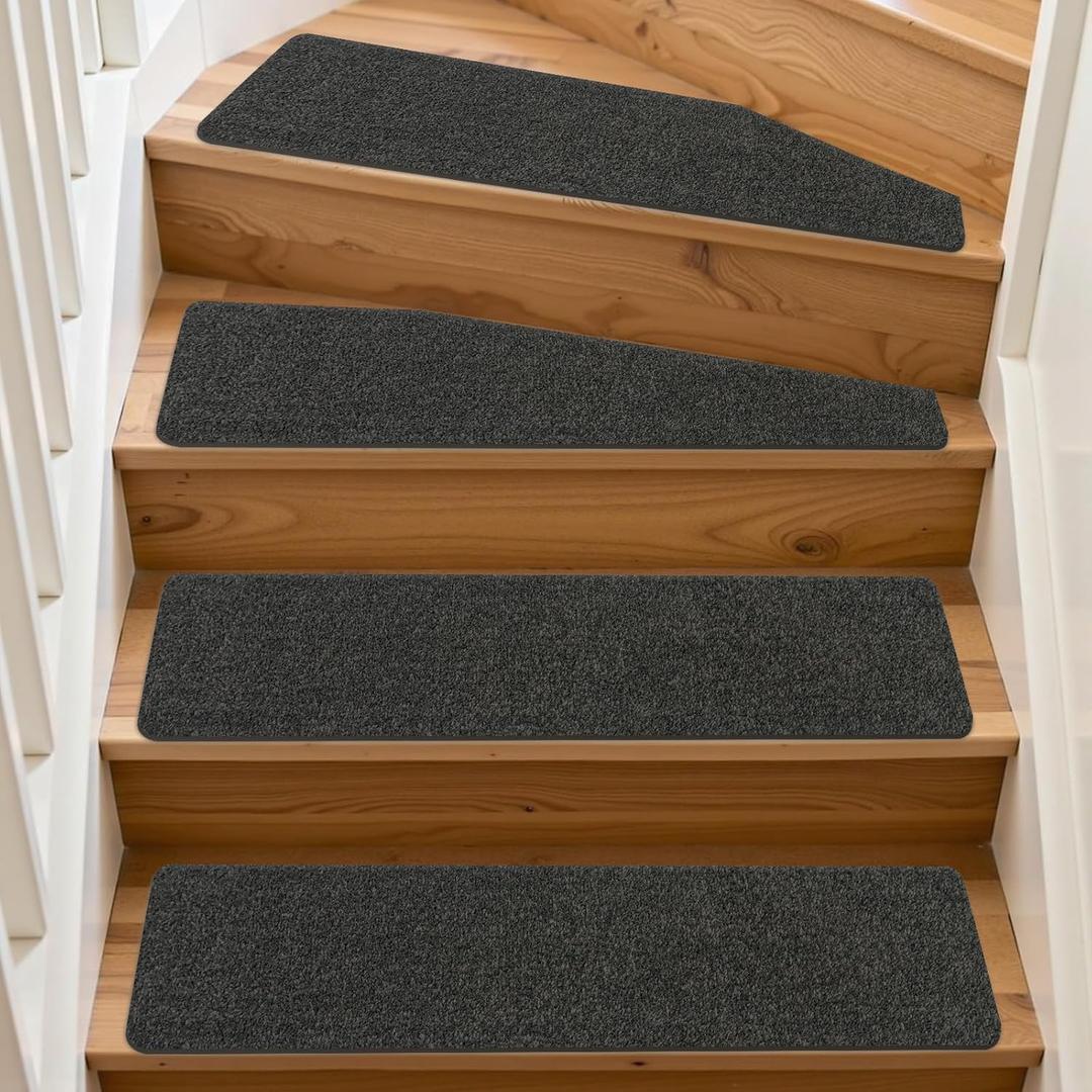 PURE ERA Cuttable Carpet Stair Treads 36 X 9.5 Inch Dark Gray 14 Pcs | Self Adhesive Peel and Stick Non Slip Stair Treads for Wooden Steps,Washable Reusable, Trimable Stair Protector, Reduce Noise