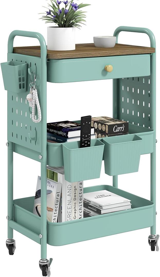 Danpinera 3 Tier Rolling Cart, Metal Utility Cart with Wooden Table Top & DIY Pegboard, Rolling Carts with Drawer, Storage Cart Craft Cart with Hooks & Hanging Cups for Kitchen, Bathroom, Office