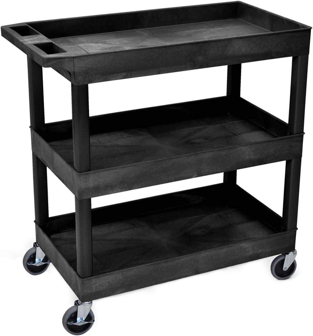 LUXOR EC111-B Heavy Duty Plastic Utility Cart, 32" x 18" Rolling Tub Cart with Three Shelves, 300 lbs. Capacity, Ergonomic Push Handle, Black