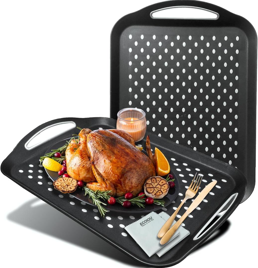 ECOIOU Larger Nonslip Food Serving Tray, 17.9'' x 12'' Grippy Handles Surface Bottom Design, Perfect Trays for Eating, Lap, TV, Couch, Black, Set of 2