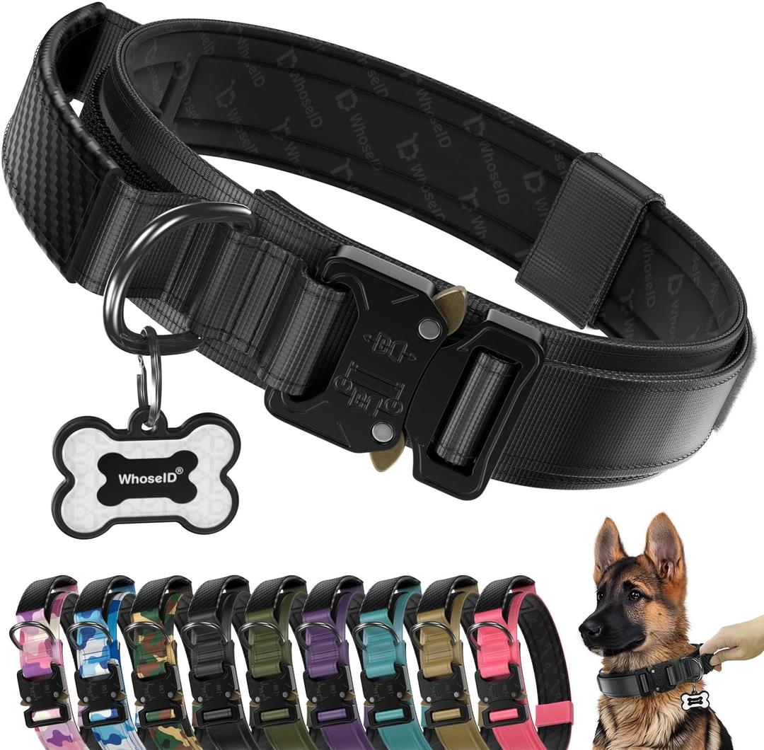 Premium Tactical Dog Collar - Adjustable Military Heavy Duty Dog Collar for Medium Large Dogs - Durable Metal Buckle Dog Collar with Leather Control Handle and Soft Comfortable Padding