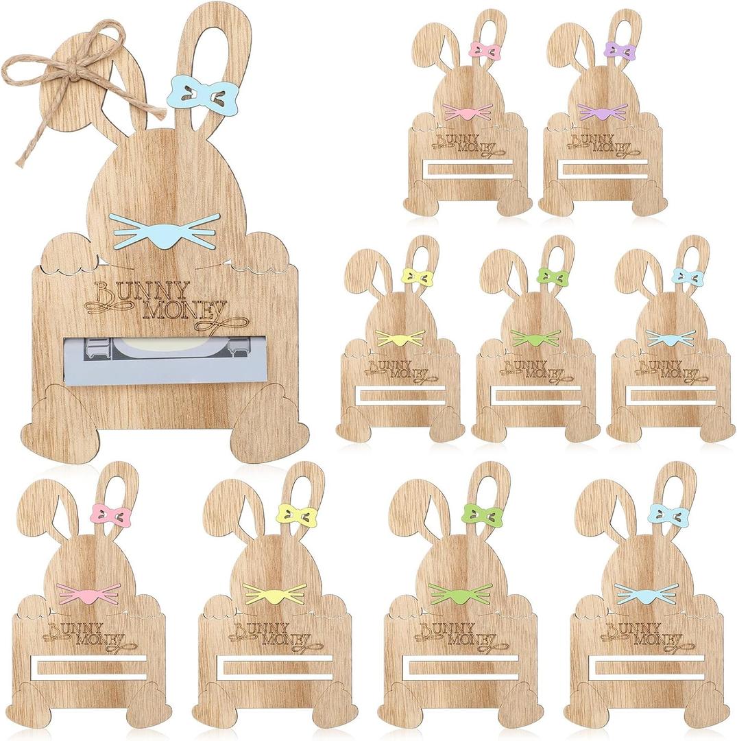 Beeveer 10 Pcs Easter Bunny Money Holder for Cash Gift Wooden Rabbit Gift Cards Cash Holder for Basket Stuffers Easter Holiday Hunting Money Tree Ornaments Table Centerpiece Decorations