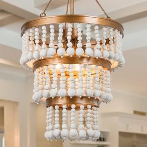 Wood Bead Chandelier, 6-Light Farmhouse Chandelier for Dining Room, 16" Boho Chandelier for Foyer, Living Room, Antique Gold Finish with 3-Tier Handmade White Wood Beads