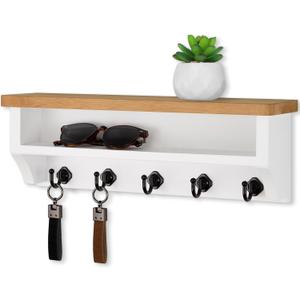 Nekon Key Holder Wall Mount, Wall Organizer Shelf with 5 Key Hooks, Room Decor for Home and Apartment Essentials, Wood and White