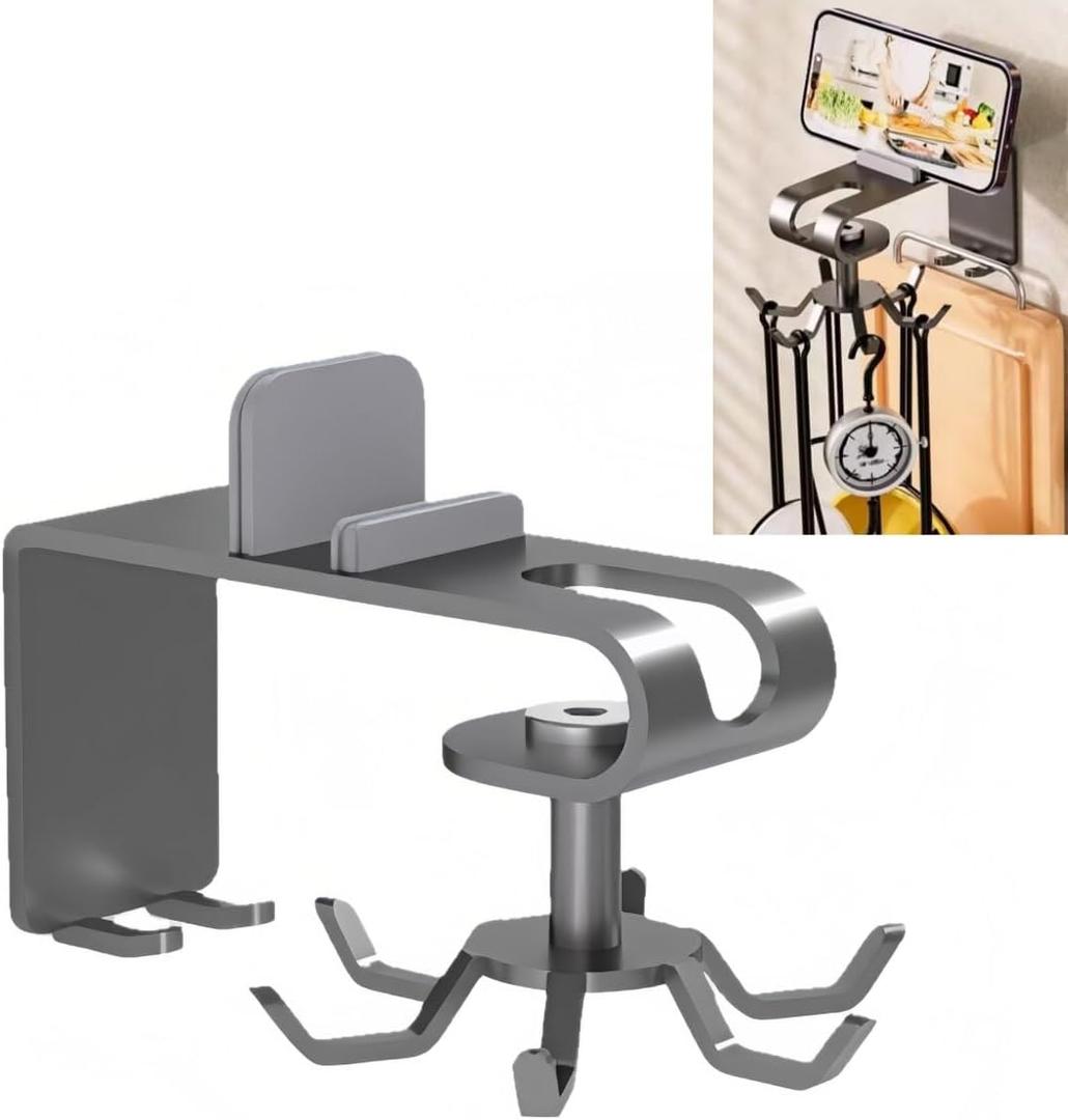 360Rotating Kitchen Utensil Rack n Phone Stand| Wall Mount Free Drilling Adhesive Utensils Hanging Holder with 6 Hooks| for Kitchen Tools n Gadgets