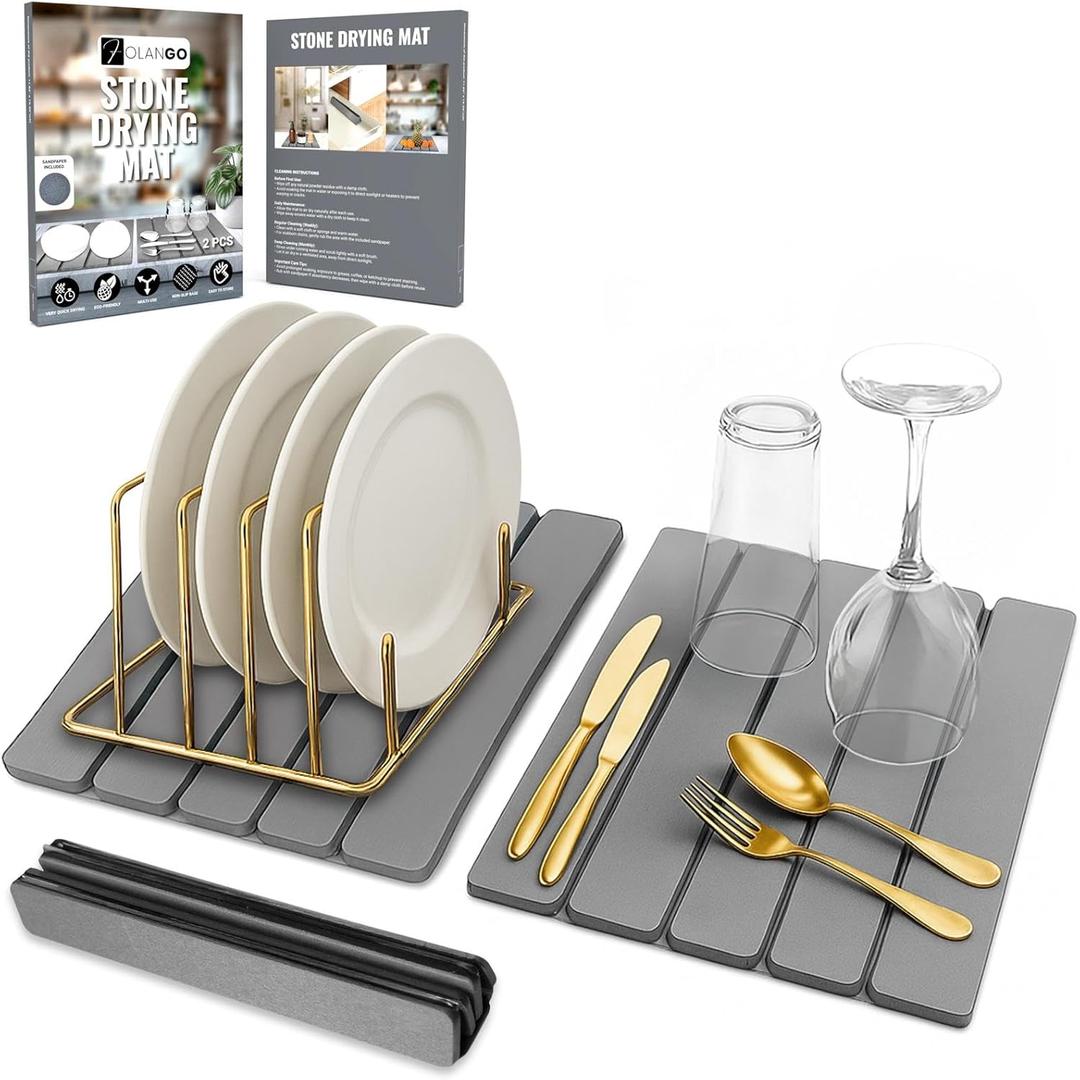 Large Foldable Stone Dish Drying Mat  Diatomaceous Earth, 2 Pack (12"x16" Each) or 24"x16" Combined  Fast Dry, Anti-Slip Pad, Sanding Tool & Instruction Manual for Kitchen and Bathroom, Dark Gray
