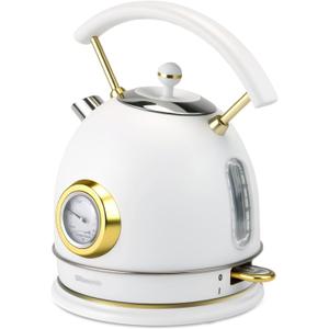 Rasonic Retro Electric Kettle Stainless Steel, 1.8L Tea Water Boiler, 1500W Fast Quiet Boil, Temperature Gauge, Auto Shut-Off, Boil-Dry Protection, White Champagne Gold