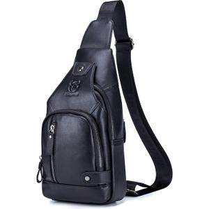 BULLCAPTAIN Leather Sling Bag Mens Chest Bag Casual Shoulder Crossbody Bags Travel Hiking Backpacks Daypack with USB Charging Port (Black)