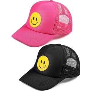 Cozypower 2 Pcs Smile Face Baseball Cap Smile Trucker Hat Mesh Adjustable Baseball Cap Retro Preppy Hats for Women (Rose Red, Black)
