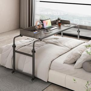Furist Overbed Table with 360 Wheels, Queen Size Mobile Bed Desk, Recliner Table Over Bed Table Adjustable Height and Length Overbed Table with Heavy Duty Metal Leg for Hospital and Home use, Onesize