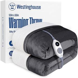 Westinghouse Heated Throw Blanket, Electric Blanket Throw with 6 Heating Levels and 210 Hours Time Settings, Flannel to Sherpa Super Cozy Heated Blanket Machine Washable, 50x60 inch, Charcoal