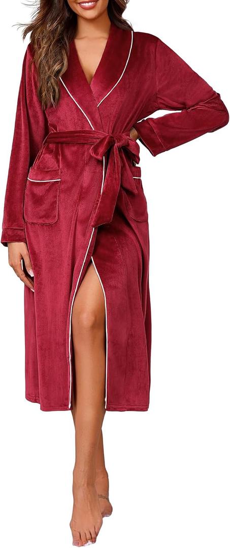 Ekouaer Women's Robe Long Velvet Bathrobe Fuzzy Soft Warm HouseCoat with Pockets Plush Shawl Collar Full Length Sleepwear (Medium, Wine Red)