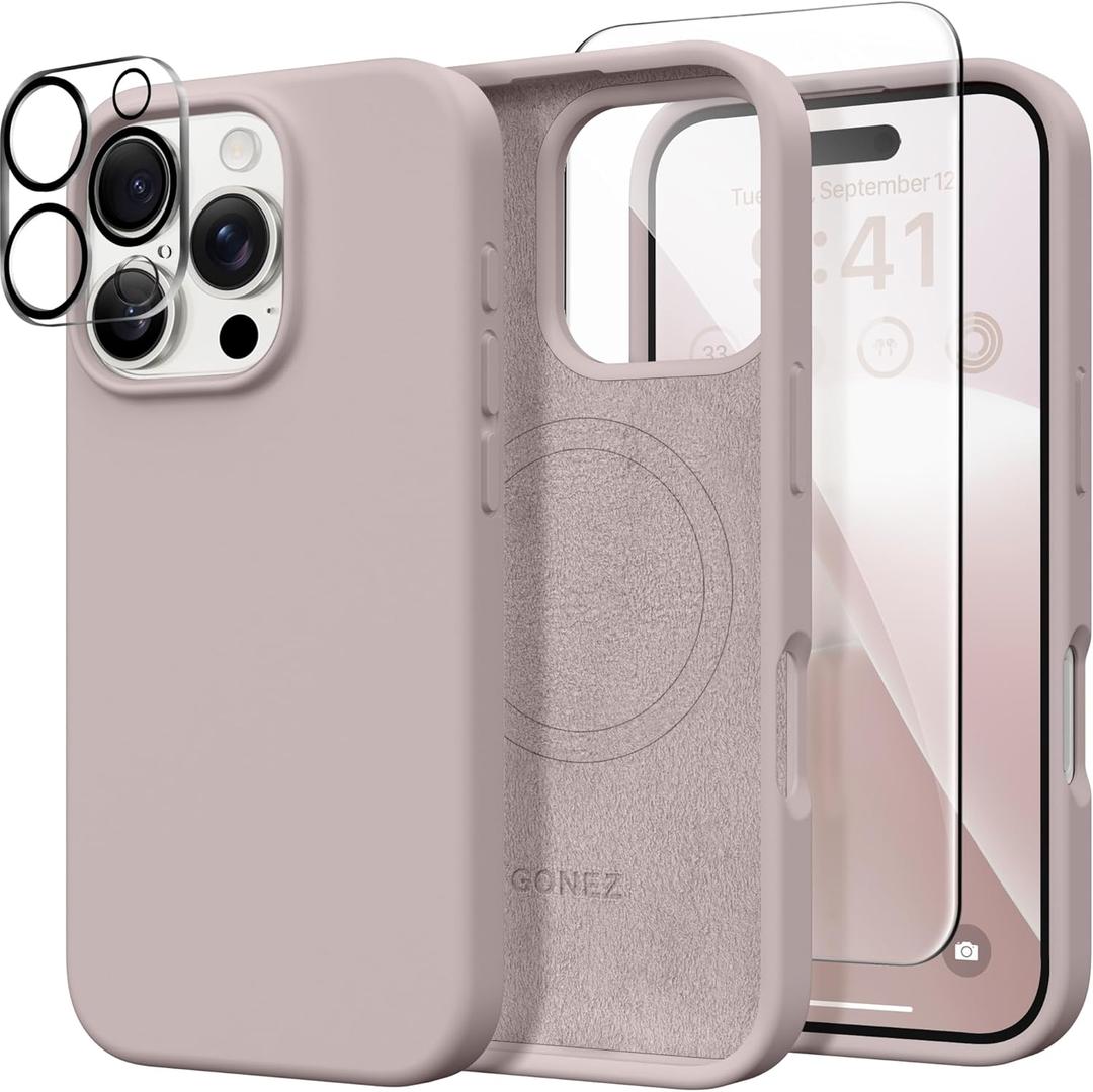 GONEZ Magnetic for iPhone 16 Pro Max Case, Compatible with MagSafe, Liquid Silicone Case, with Screen Protector + Camera Protector, Full Body Protective Shockproof Phone Cover 6.9", Light Taro