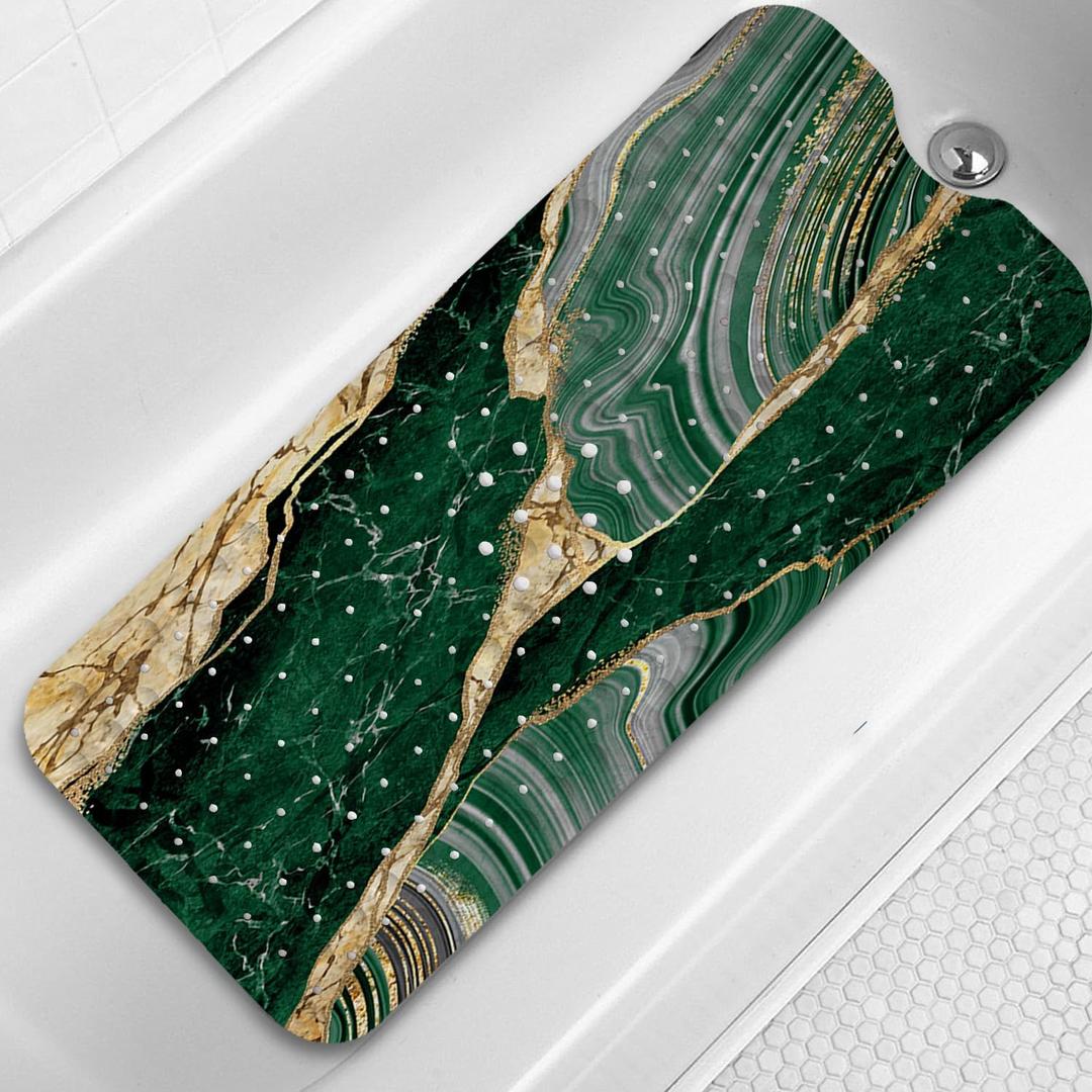 Bathtub Mat Non Slip, 40x16 inch Bath and Shower Safety Mats, Green Marble and Golden Veins Tub Mat for Bathroom, Tub Shower Mat with Drain Holes and Suction Cups