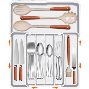 Silverware Organizer - Expandable Kitchen Drawer Organizer, BPA-Free Food-Safe Utensil Drawer Organizer with 7 Compartments, Deep Cutlery Tray for Forks, Knives, White (M(9.5-15.2"W x 12.6-19"D))